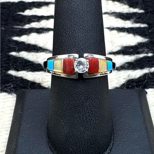 Zuni Native American Sterling Silver CZ Multi Stone Inlay Wedding Band Ring 8